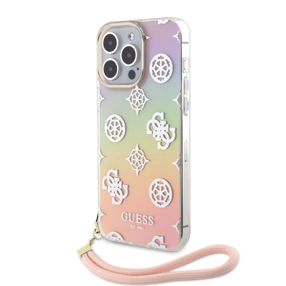 Чехол Guess PC/TPU Peony glitter +Nylon Hand cord Hard для iPhone 15 Pro. Цвет: радужный розовый