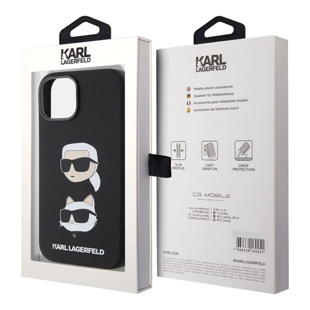 Чехол Lagerfeld для iPhone 15 Liquid Silicone NFT Karl & Choupette heads Hard. Цвет: чёрный